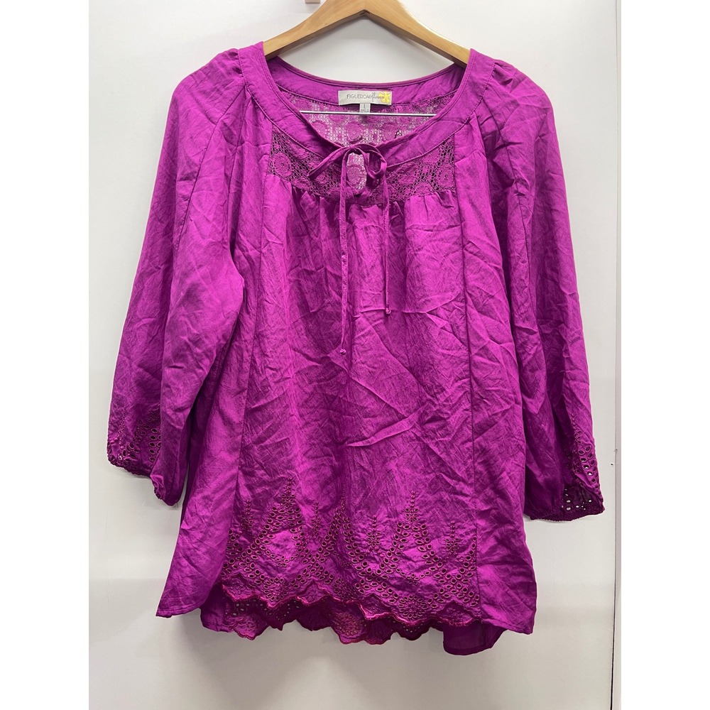 Figueroa & Flower Magenta Eyelet Lace Trim Peasant Blouse Large